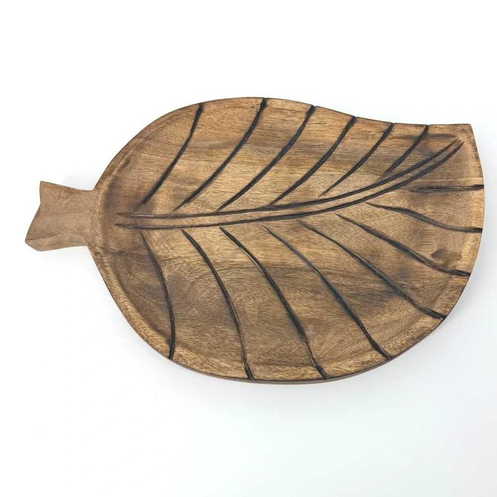 Hand Carved Wooden‎ Leaf Decorative Tray Serving Platter Brown 12.5 Inch NEW
